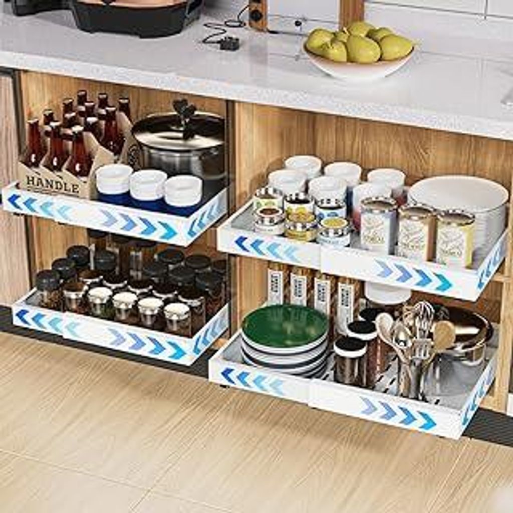 2 Pack erweiterbar ausziehbare schublade küche mit Kleber, ausziehbarer schrank organizer, Stick Slide Out teleskopschublade Cabinet Pull Out für...