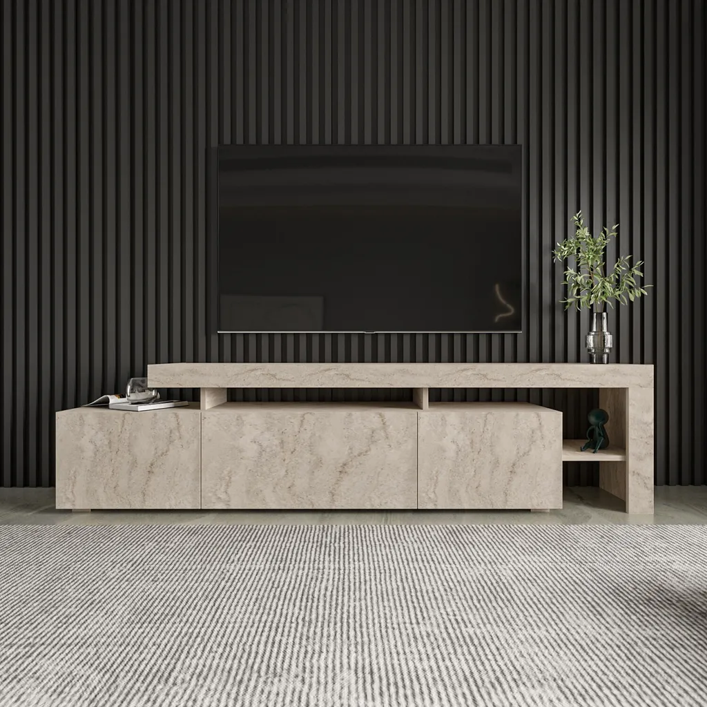 Meuble TV Beliz en Pierre de Travertin - Stable, Durable et Sans Pose