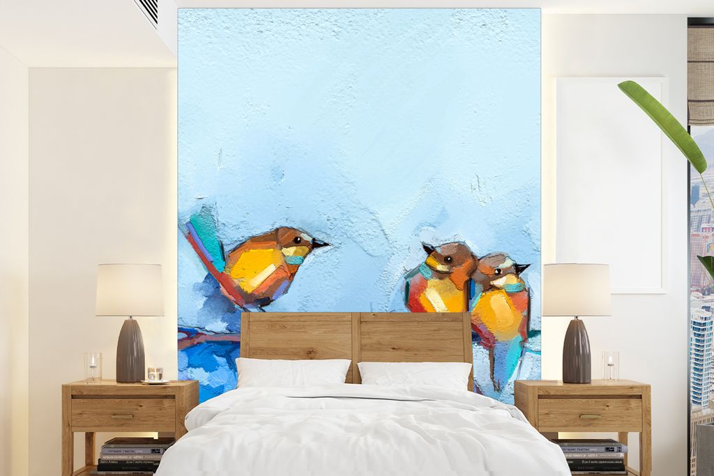 MuchoWow Fototapete für Wohnzimmer oder Schlafzimmer Wandtapete Vinyl Motivtapete Gemälde - Ölfarbe - Vogel - Zweig - 190x260 cm - Papiertapete