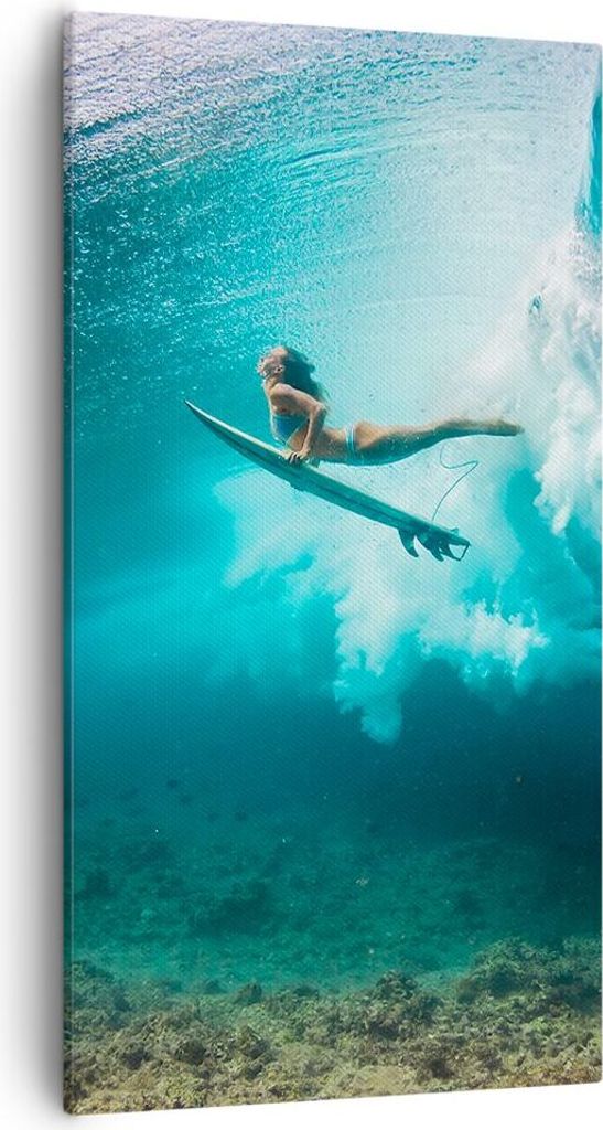 Bild auf Leinwand - Leinwandbild - Einteilig - Surfen Unterwasser Frau - 55x100cm - Wand Bild - Wanddeko - Wandbilder - Leinwanddruck - Bilder - Wa...