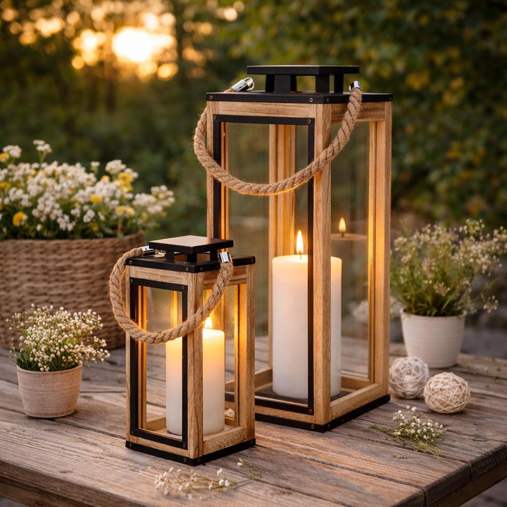 2-teiliges Laternen-Set aus Holz mit Metalldach Produktbild 