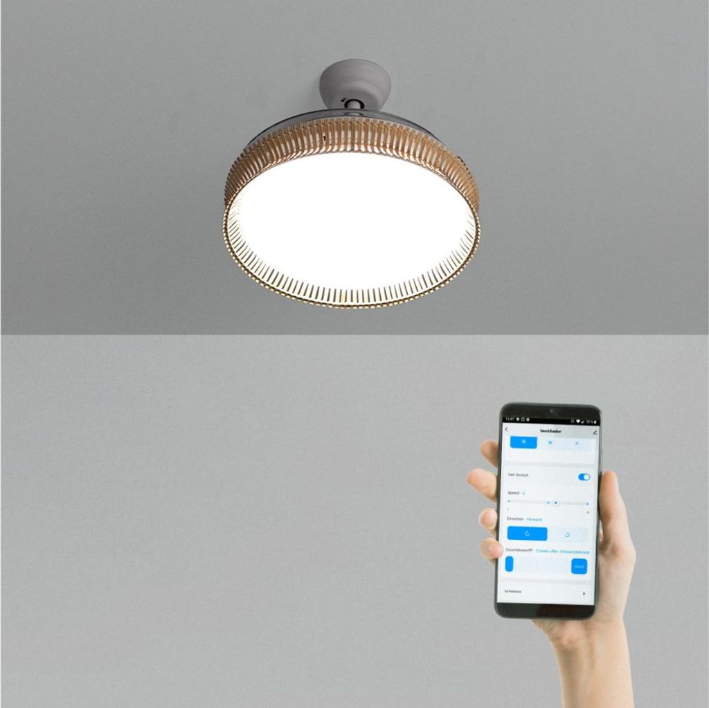 WIND CLEAR RATTAN - Leiser Deckenventilator 40W Ø108cm einziehbare Flügel mit 36W LED-Licht