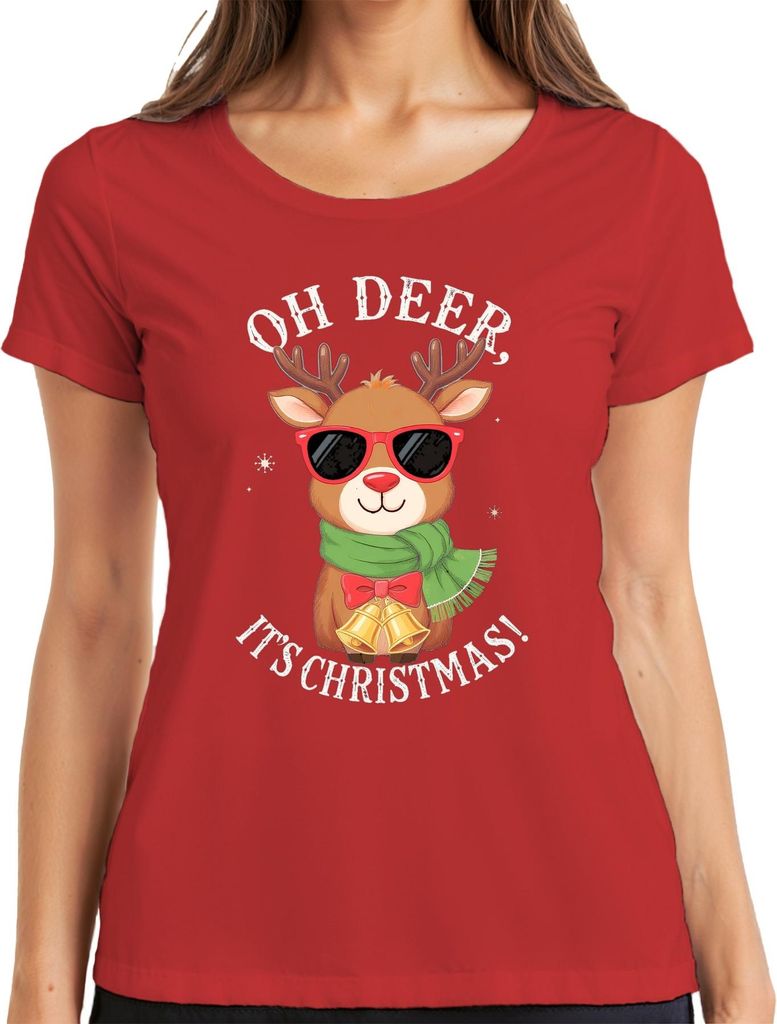 Oh Deer It's Christmas Rudolph Sonnenbrille Schal Glocken lustig Damen T-Shirt, Rot, XL