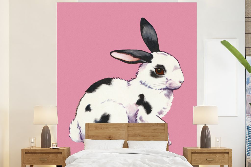 MuchoWow Fototapete für Wohnzimmer oder Schlafzimmer Wandtapete Vinyl Motivtapete Kaninchen mit rosa Hintergrund - 225x280 cm - Wohnzimmer tapete