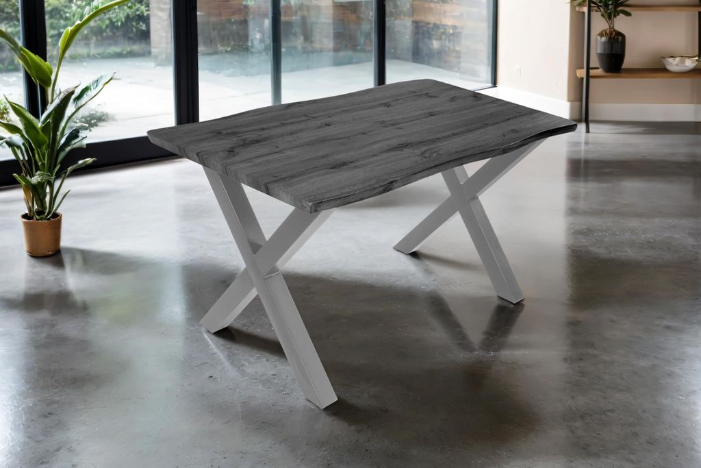 Esstisch Josy | 120 x 80 cm | Holz-Optik in Grau | X-Gestell Metall Silber | 40 mm Tischplatte mit Baumkante | Tisch für Esszimmer & Küche