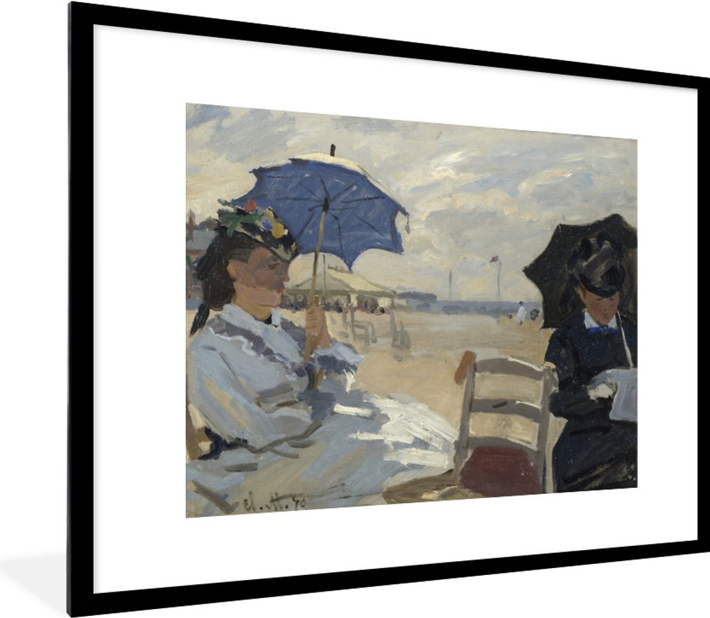 MuchoWow Gerahmtes Poster Der Strand von Trouville - Gemälde von Claude Monet 80x60 cm - Poster mit Schwarzem Bilderrahmen Wandposter Rahmen Fot...