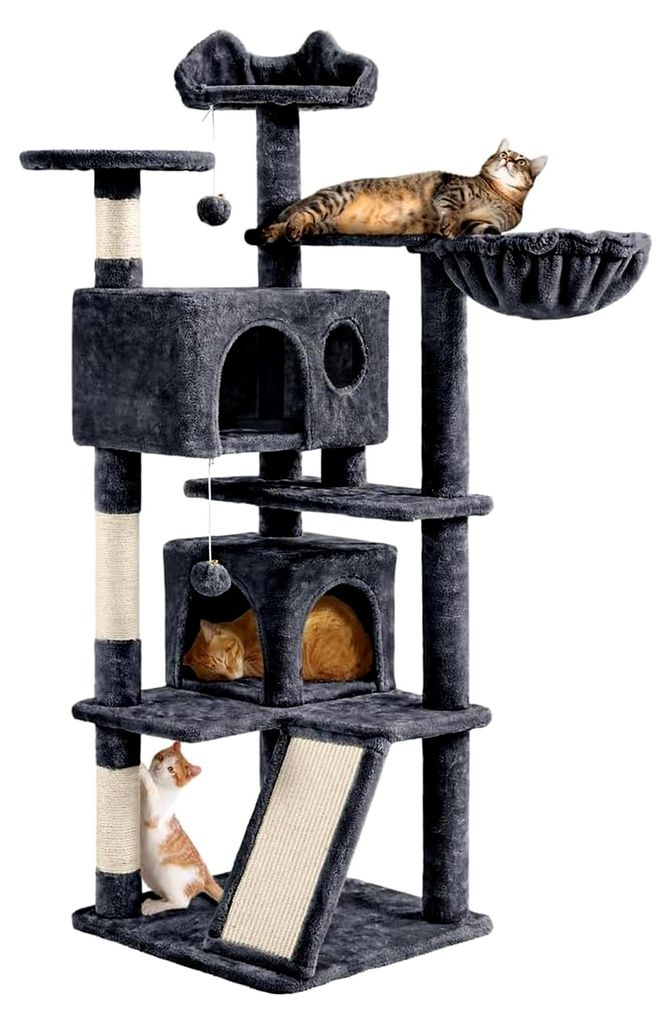 Katzenkratzbaum 145 cm mit 2 Höhlen und 3 Plattformen, Dunkelgrau