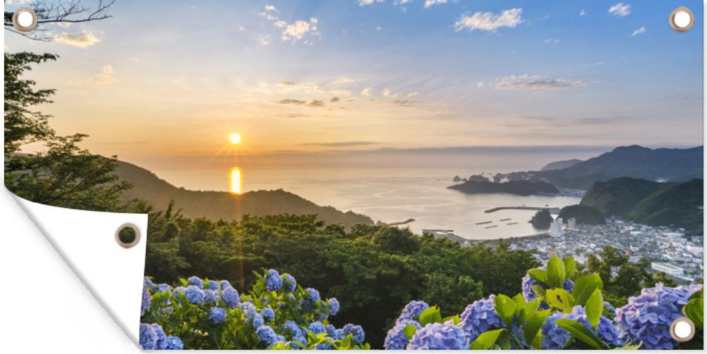 MuchoWow 60x30 cm Outdoor-Poster Gartendeko Sichtschutz Garten Poster für den Garten Sonnenuntergang über Hortensienblüten