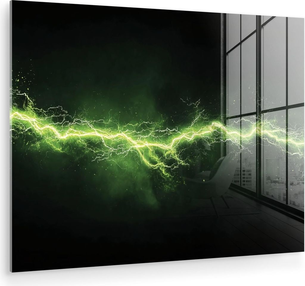 MuchoWow Glasbilder - Bilder auf Wandbild - Foto auf Glas Spiele - Elektrizität - Leitung - Funken - Grün 80x60 cm Wanddekoration aus Glas - Acry...