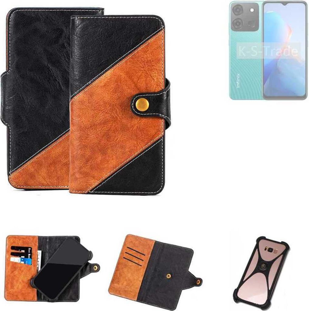 K-S-Trade Handyhülle Schutzhülle Bookstyle Case Wallet-Case kompatibel mit Infinix Smart 7 Plus Handy Cover Bumper Klapphülle schwarz hellbraun 1x