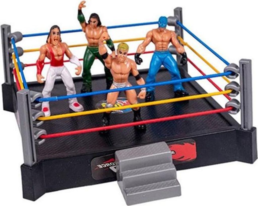 A wrestling ring playset with four wrestler figures.