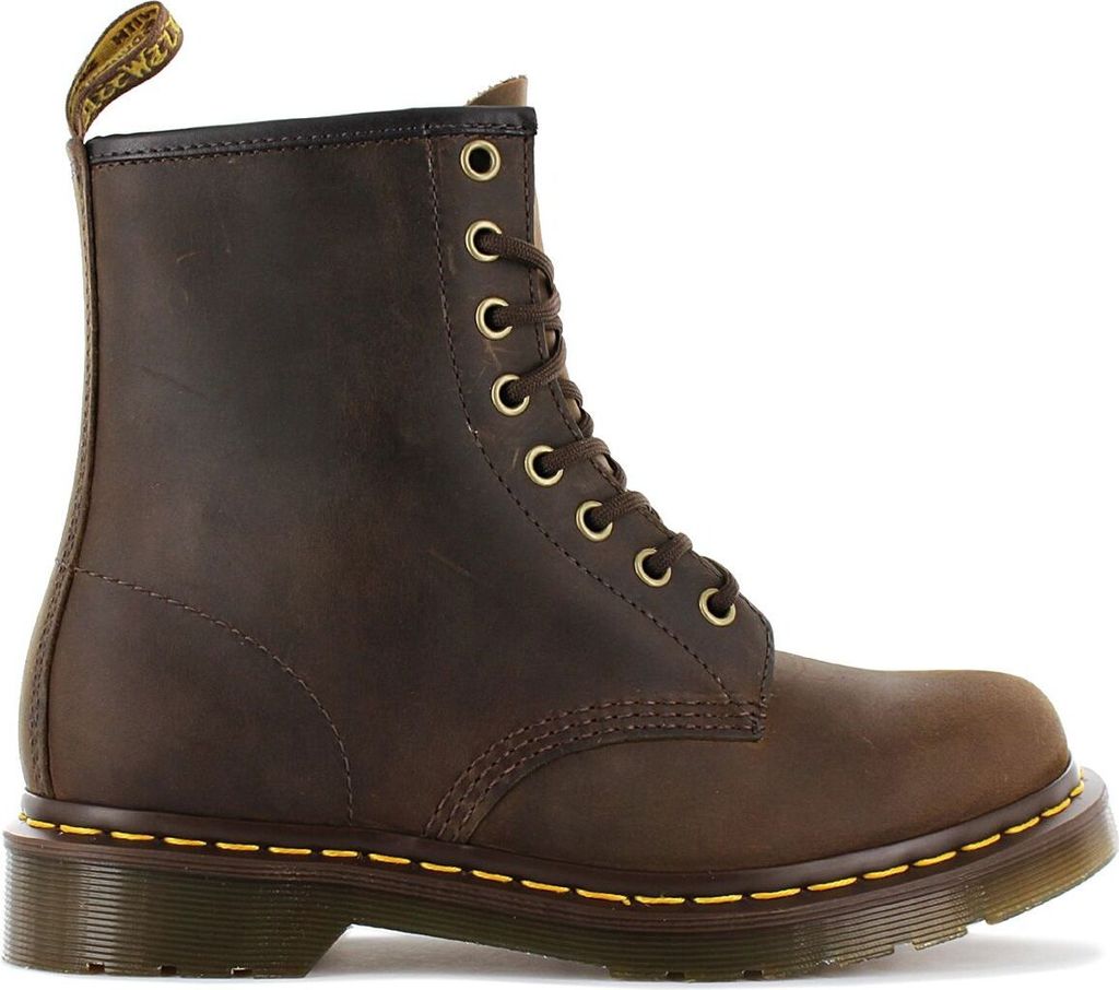 A single brown leather boot is shown against a white background.