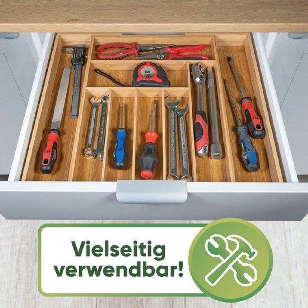Holz-Schublade mit 9 Fächern - Praktische Küchenorganisation - Holz-Schubladen für Besteck - Tiefe 47 cm