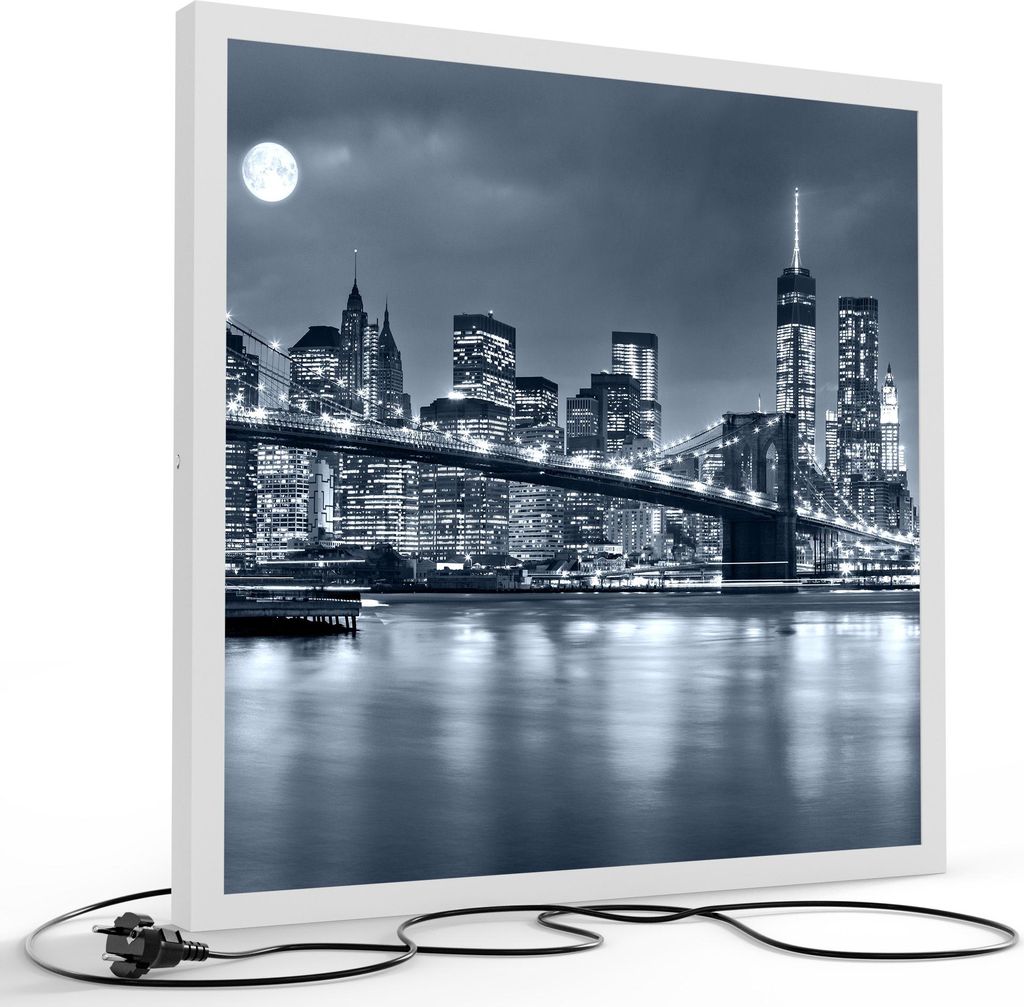 DEQORI LED-Bild & Lampe 60x60 cm Weiß 'Vollmond über New York' Leuchtbild LED Leuchte