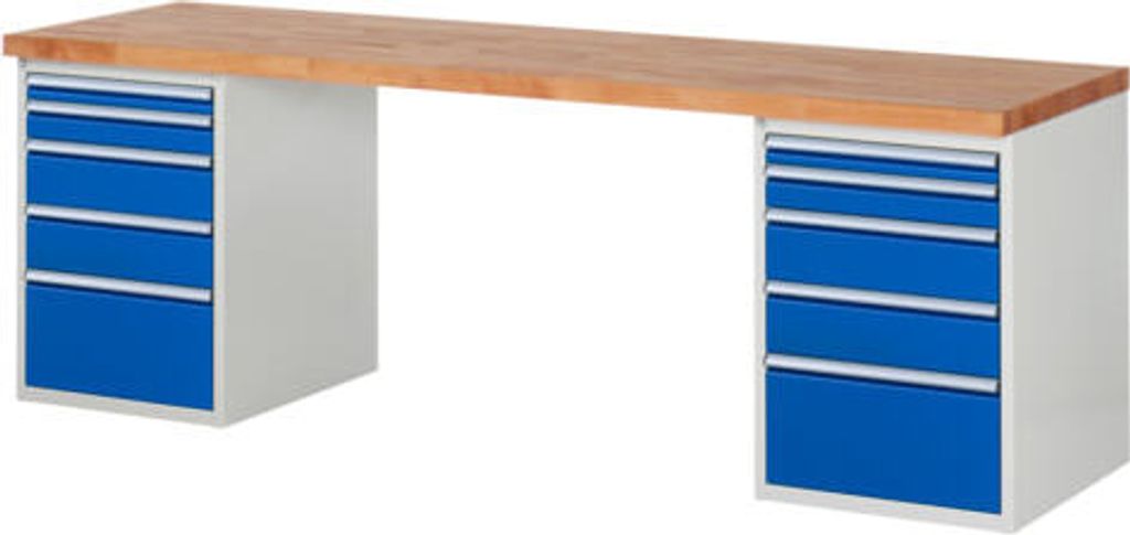 Werkbank mit 10 Schubladen - Vollauszug - 60:2 / 90:2 / 150:4 / 270:2 - 890 x 2.500 x 700 mm (HxBxT) - Traglast 1.000 kg - Buche