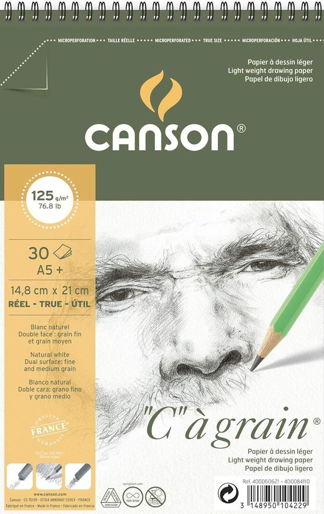 CANSON Zeichenpapier-Spiralblock "C" à grain A5 125 g/qm 30 Blatt
