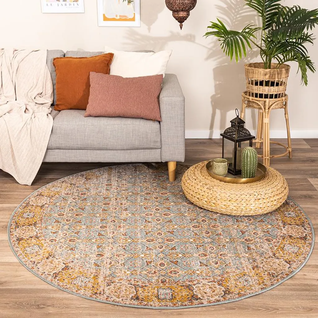 Volero Tapis Rond Vintage Thirza Bleu Clair Oriental Ø 120 cm de Salon