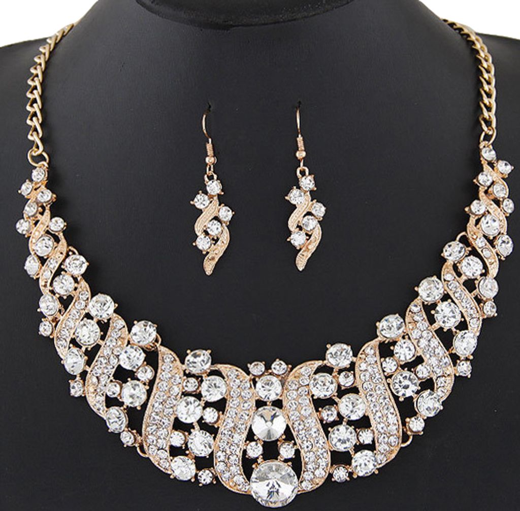 Frauen Strass Spirale Bib Halskette Haken Ohrringe Statement Party Schmuck Set-Klar