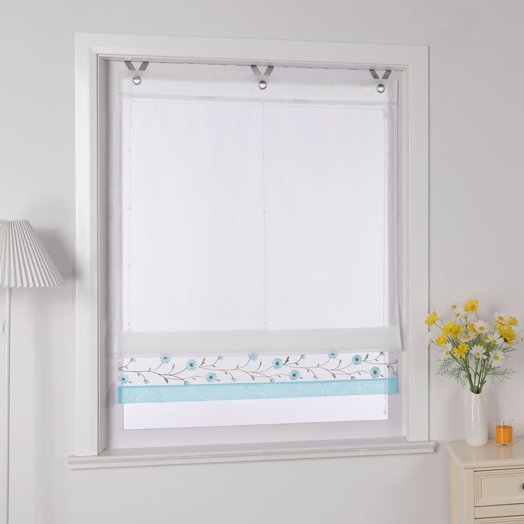 Joyswahl Raffrollo Hakenaufhängung Ösenrollo ohne Bohren Küche Landhaus Raffgardinen mit Blumenstickerei Blau BxH 60x150cm