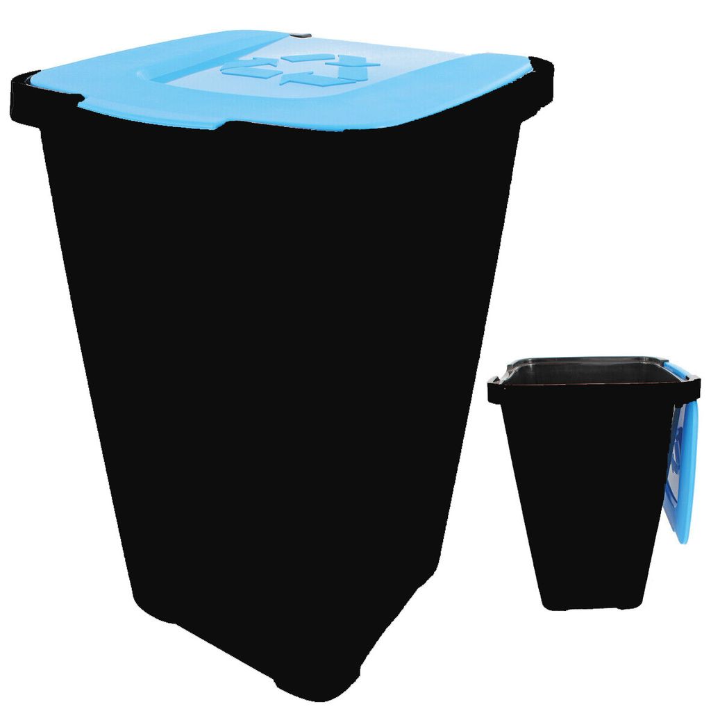 Abfalltonne Recycling, 50 Liter, 56 x 36 x 36cm, Mülleimer Tonne Schwarz, Deckel BLAU