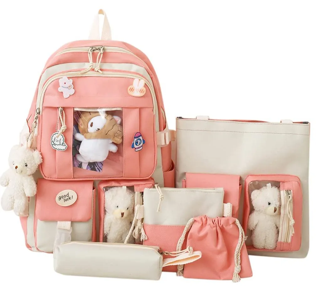 Sac à dos kawaii lot de 5 pièces rose en toile style Harajuku tendance