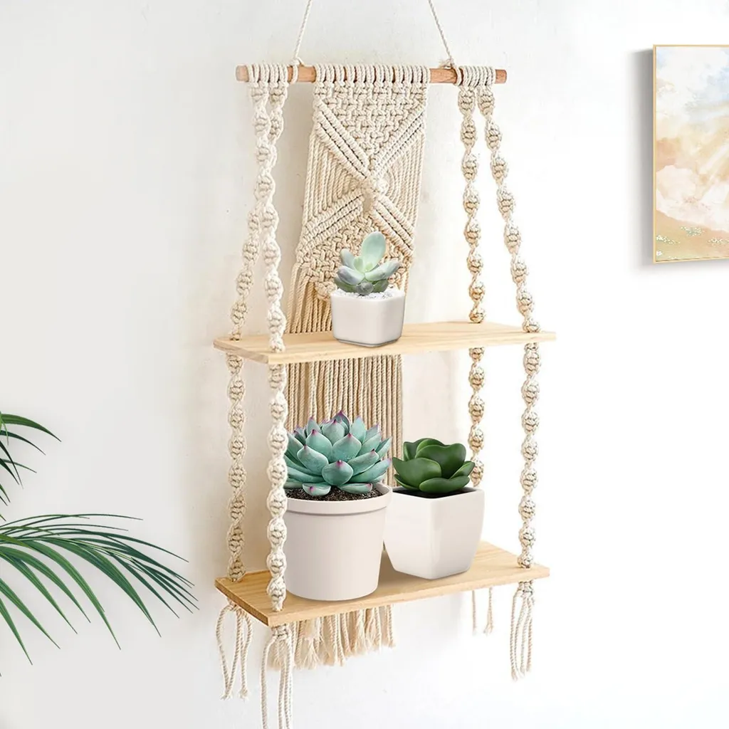 Étagère décorative à deux niveaux en bois naturel et macramé tressé