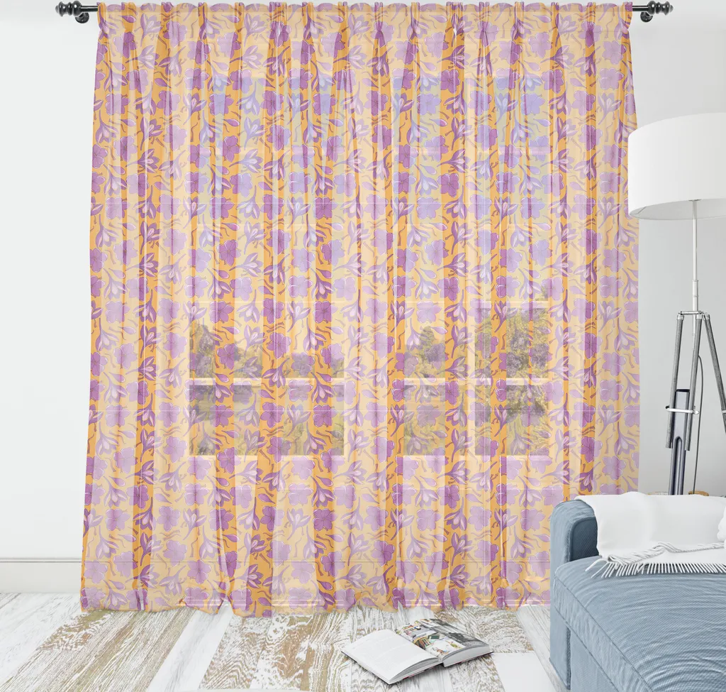 ABAKUHAUS Arazzo floreale, Fiori di croco continui Illustrazioni floreali disegnate a mano, Arazzo in raso setoso per soggiorno e camera da letto, 135 cm x 274 cm, Arancione chiaro Rosa baby