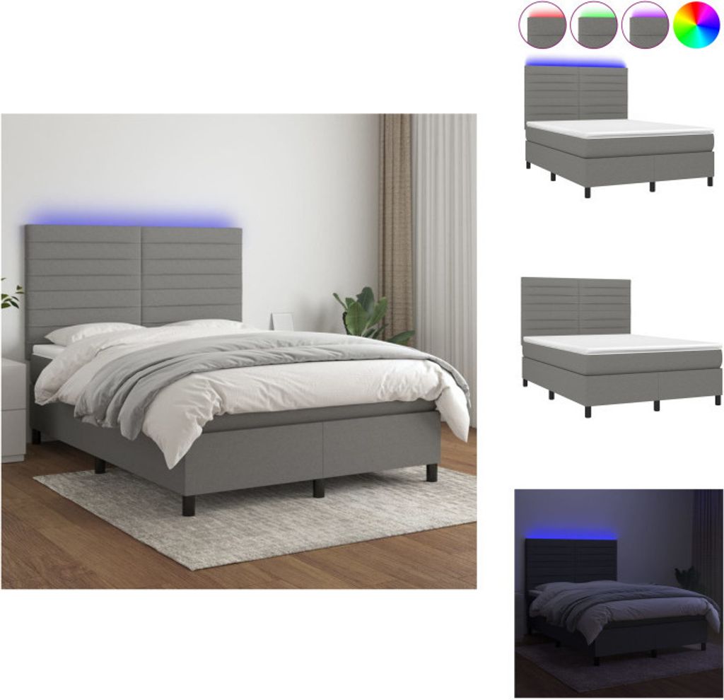 vidaXL Boxspringbett mit Matratze & LED Dunkelgrau 140x190 cm Stoff - Betten & Bettgestelle