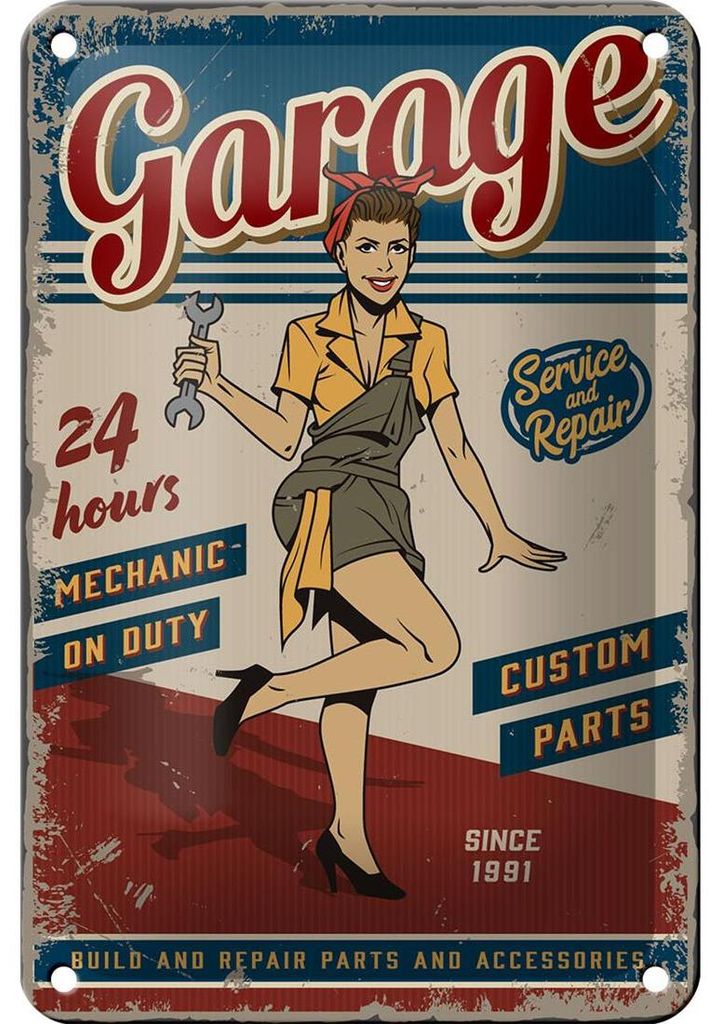 Blechschild Retro 12x18cm Pinup Garage 24 hours repair Auto
