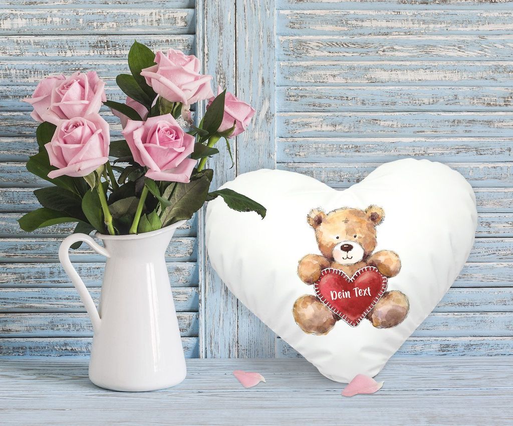 Herz-Kissen Geschenk Teddy Motiv optional personalisierbar Danke sagen Trost spenden Mut machen SpecialMe Dein Text weiß - Herz Herz-Kissen
