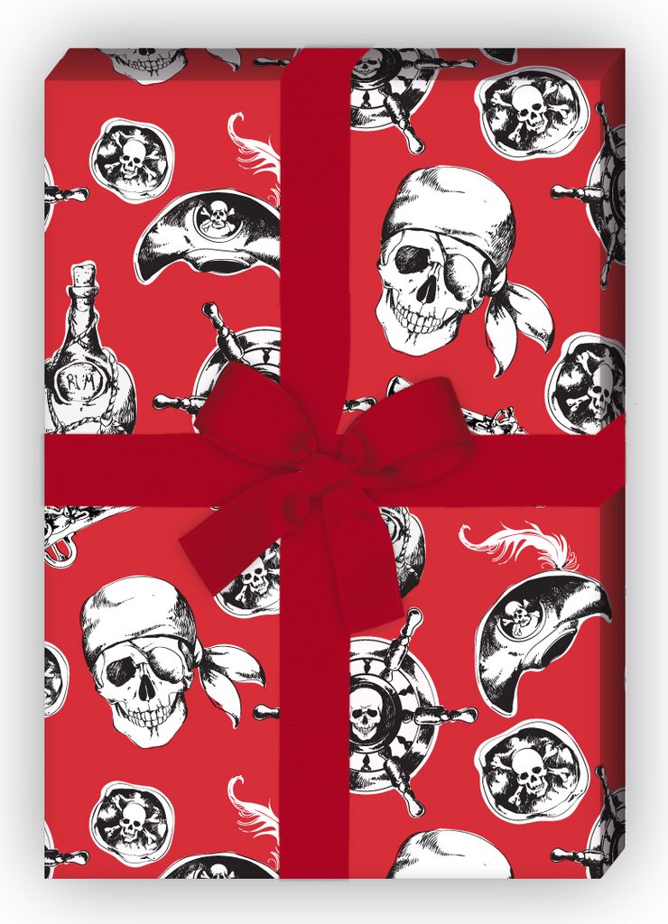 Cooles Piraten Geschenkpapier Set, Dekorpapier mit Totenkopf und Co, rot - G8647, 32 x 48cm