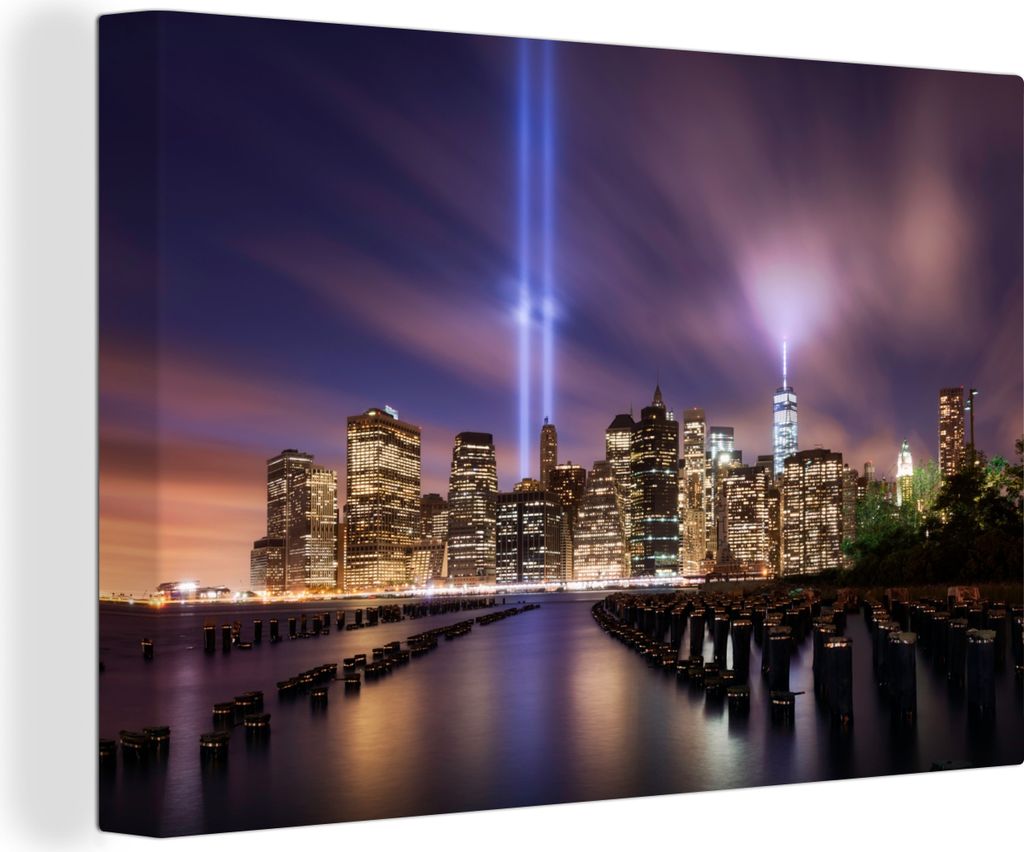 OneMillionCanvasses - Leinwandbilder - 140x90 cm, New York - Nacht - Stadt - Wasser, Wandbilder Kunstdruck Wanddekoration - Foto auf Leinwand - G...