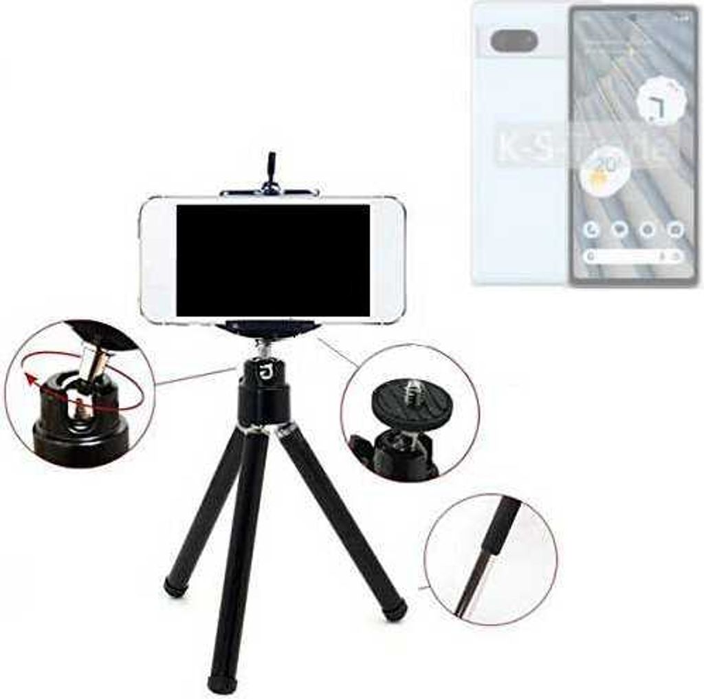 K-S-Trade Smartphone Stativ Dreibein kompatibel mit Google Pixel 7a Tripod aus Aluminium Klemmstativ Stativ Adapter für Mobiltelefone schwarz 1x