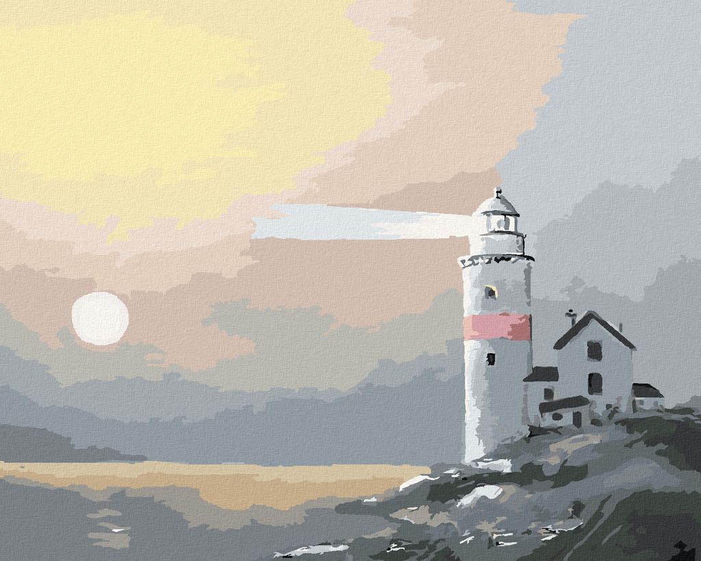 Zuty - Malen nach Zahlen - LEUCHTTURM UND SONNE IM NEBEL (D. RUSTY RUST), 40x50 cm, ohne Keilrahmen