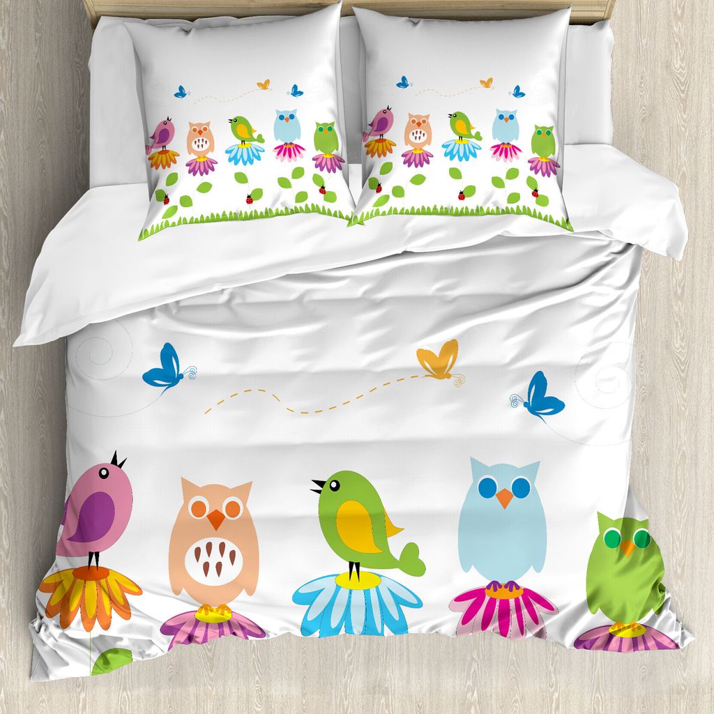 ABAKUHAUS Blumen Bettbezug, Cartoon Kamille Vögel, Milbensicher Allergiker geeignet mit Kissenbezügen, 155 cm x 220 cm - 80 x 80 cm, Mehrfarbig