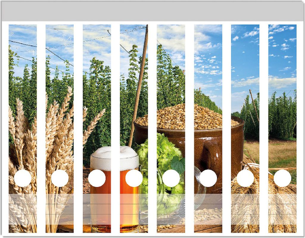 Wallario Ordnerrücken Sticker, selbstklebend für schmale Ordner, 8 Stück, Motiv Frisch gezapftes Bier, Hopfen und Malz