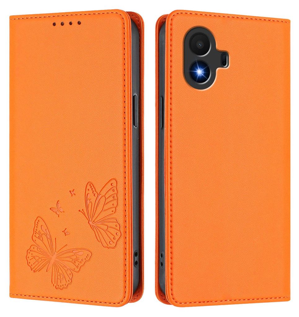 Lederhülle für TCL K70 SE, Schmetterling Prägung Leder Brieftasche Schutzhülle mit Ständer Orange