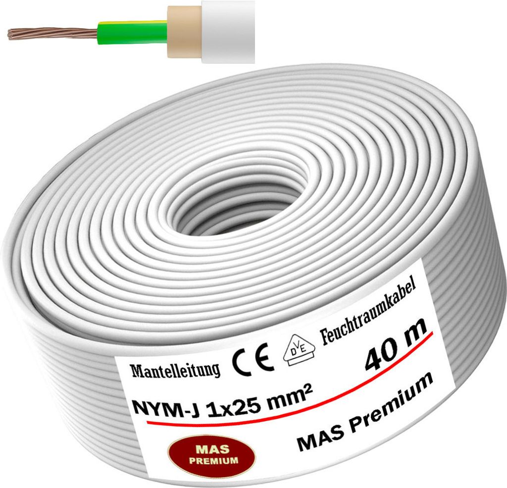 40m Feuchtraumkabel Stromkabel Mantelleitung NYM-J 1x25 mm² Elektrokabel