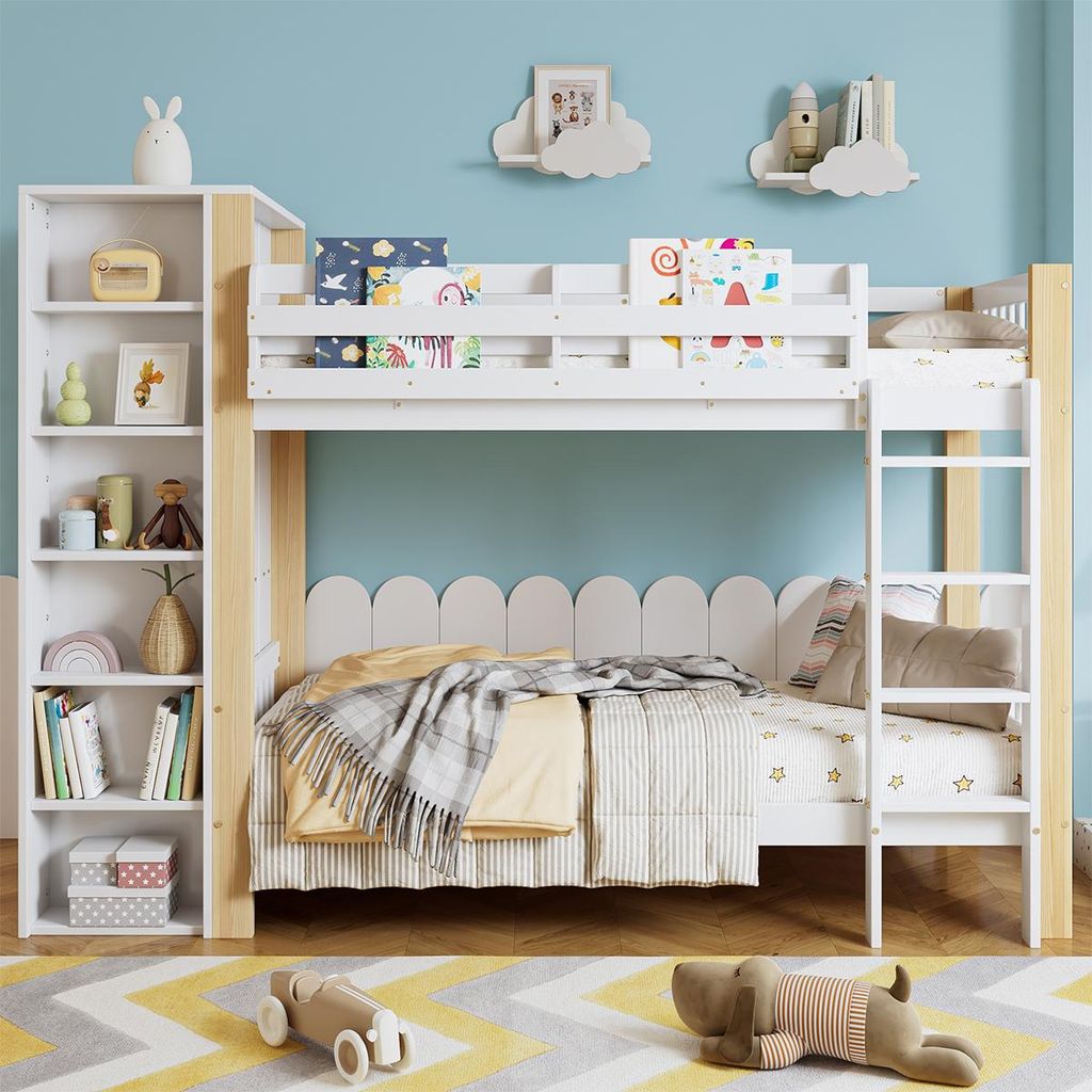 Kinderbett mit Fallschutz und Gitter Kleiderschrank Seitlich Etagenbett Jugendbett Kiefer+PB 90x200cm Weiß+Natur