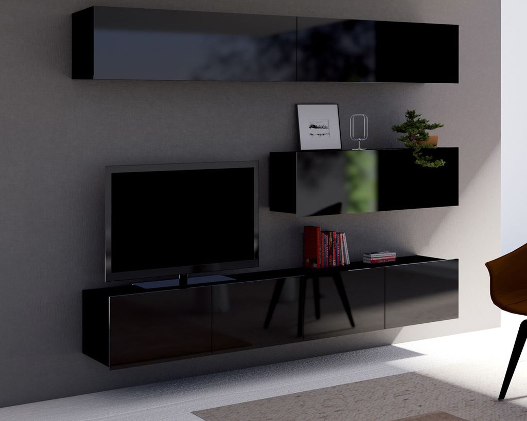 Wohnwand Amanda V, Wohnzimmer-Set, Moderne Anbauwand, Schrankwand, Mediawand (Schwarz / Schwarz Hochglanz)