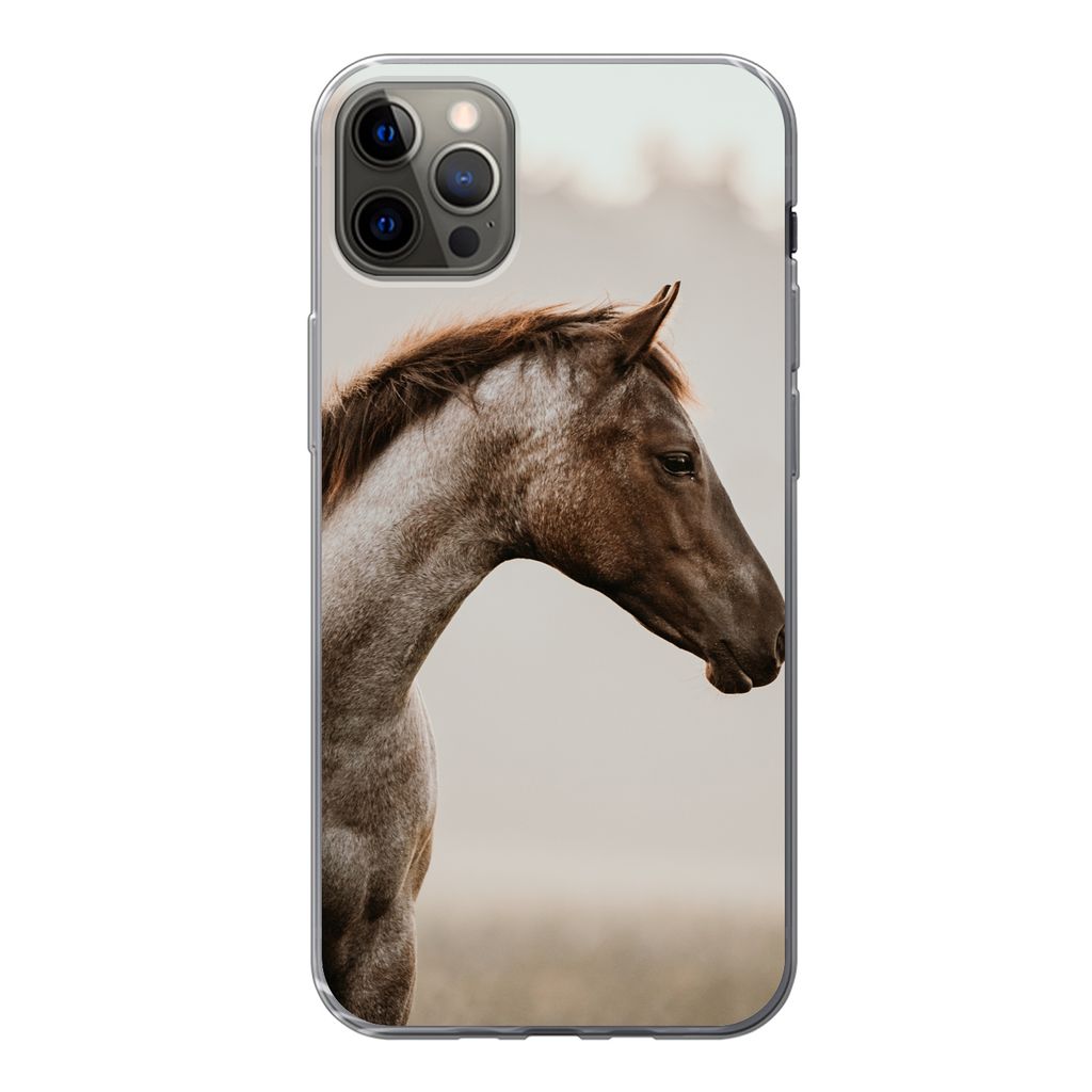 MuchoWow Handyhülle Schutzhülle Hülle für iPhone 12 Pro Max Pferd - Nebel - Natur Silikon Softcase Handy Hülle - Hartschale