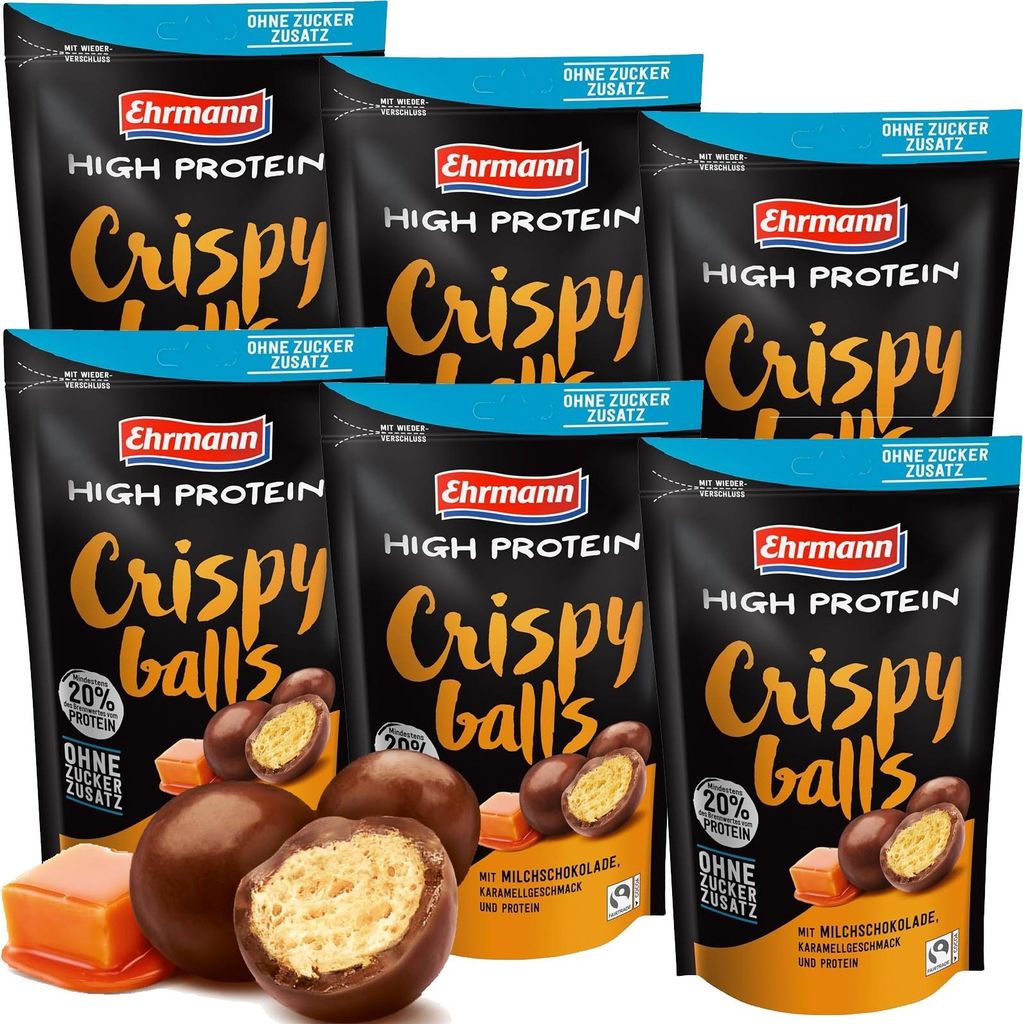 High Protein Crispy Balls in Karamell mit Milchschokolade von Ehrmann  6x55g  Beutel = 330g
