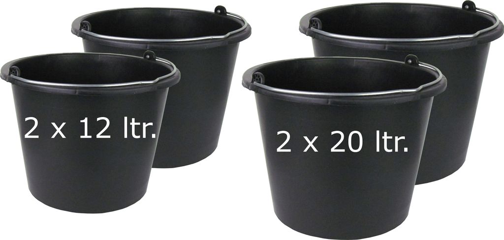 4 Stück Baueimer je 2x12L und 2x20L Profi-Line | Mörtelkübel rund 12 und 20 Liter | aus robustem flexiblen Kunststoff | Germany