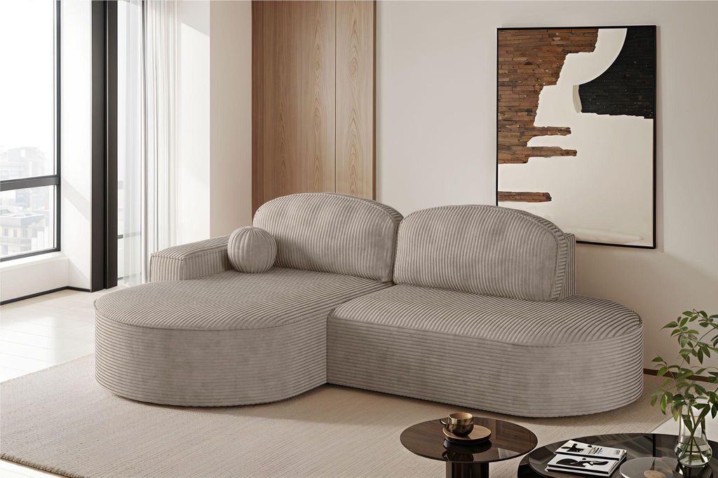 Ecksofa mit Schlaffunktion und Bettkasten Modena Runden stoff Poso Dunkelbeige Links