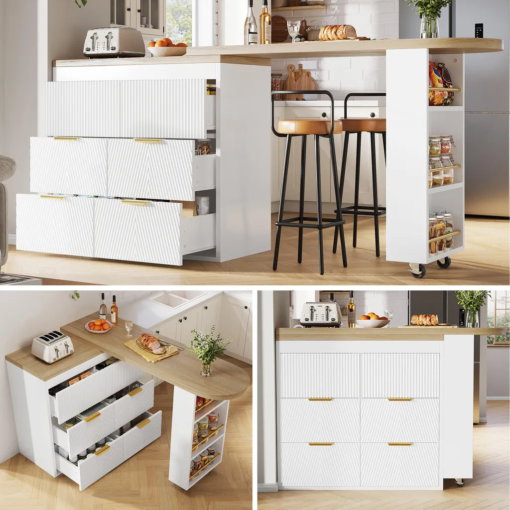 Table de bar blanche avec 6 tiroirs et dispositif anti-basculement en MDF