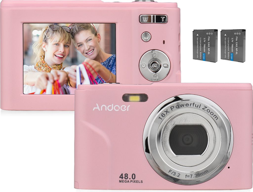 Andoer Tragbare Digitalkamera 48 MP 1080P 2,4-Zoll-IPS-Bildschirm 16-facher Zoom Autofokus Selbstausloeser 128 GB Erweiterter Speicher Gesichtserke...