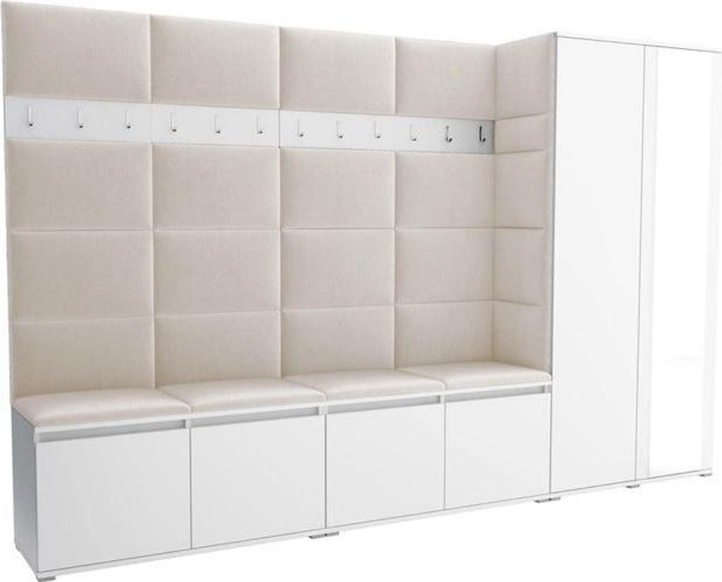 Garderoben-Set Noris V mit Spiegel, gepolsterte Garderobe 290 cm, Flurmöbel mit Wandpaneelen, 12 Haken und Schrank (Farbe: Weiß + Trinity 01)