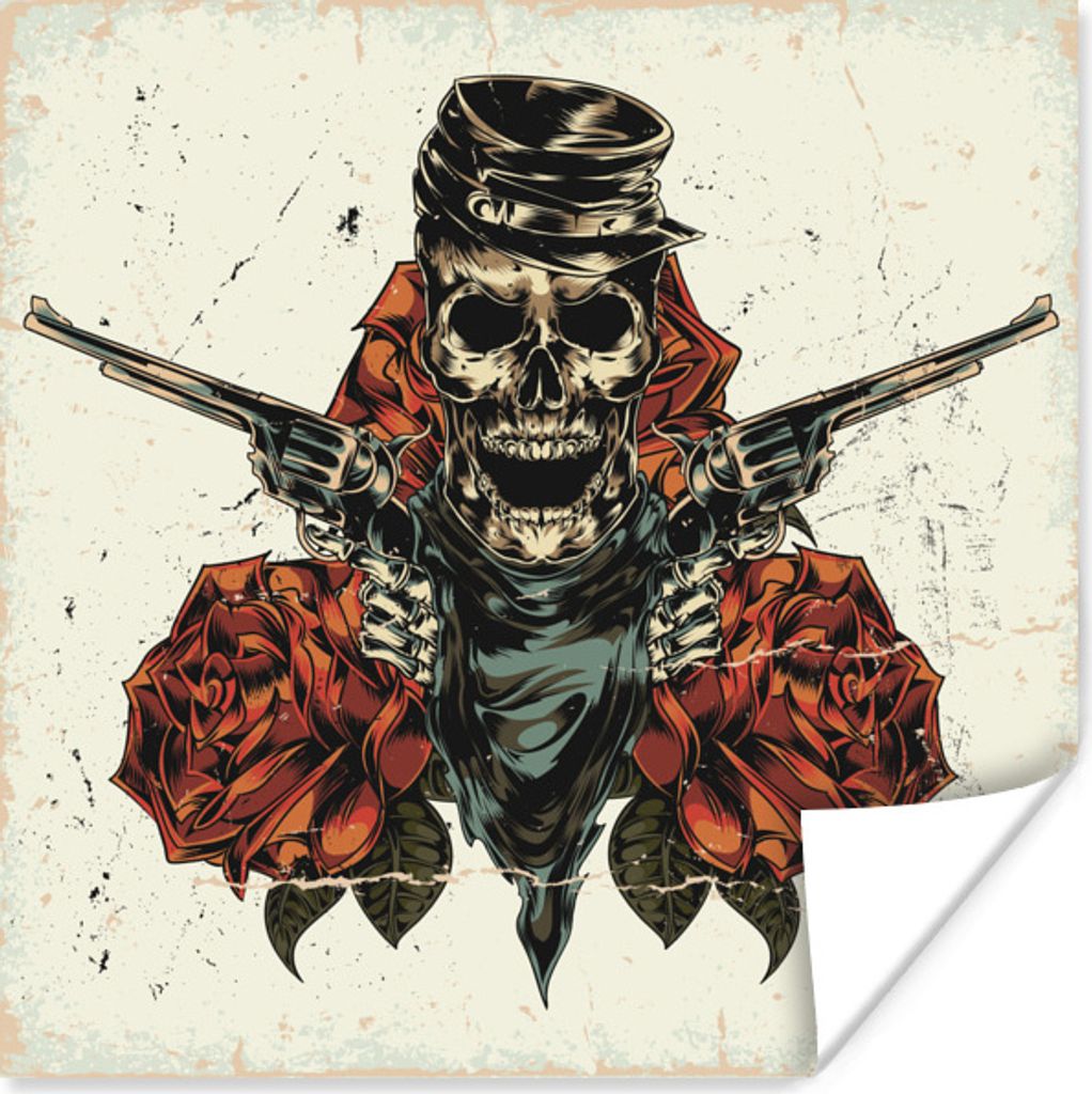 MuchoWow Poster Eine Illustration eines Totenkopfes mit Rosen und Revolvern 75x75 cm - Wand Dekoration