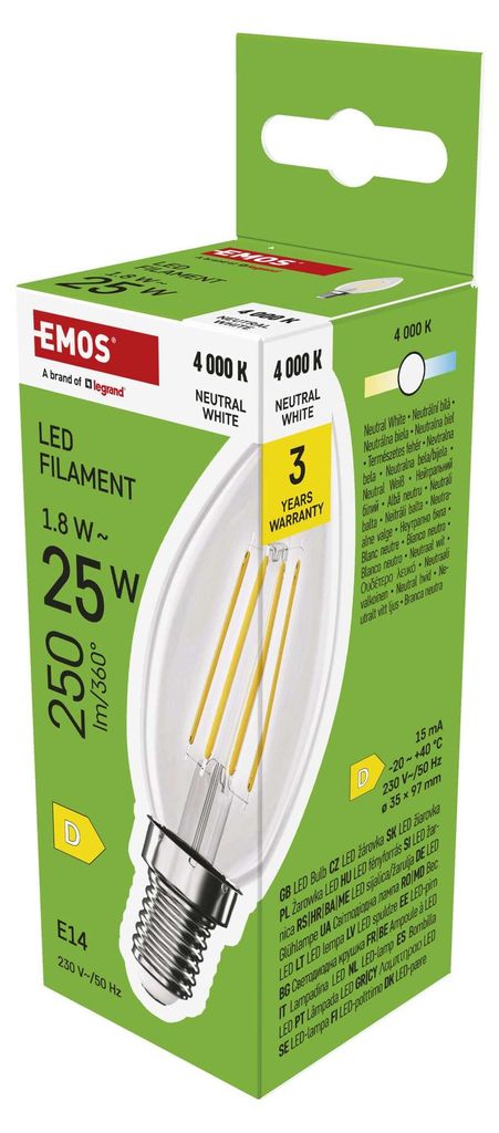 EMOS LED Lampe Edison Candle, 1,8W Ersatz für 25W, Vintage-Glühlampe mit E14 Sockel, Helligkeit 250 lm, Neutralweiß 4000 K, 25000h Lebensdauer, ...