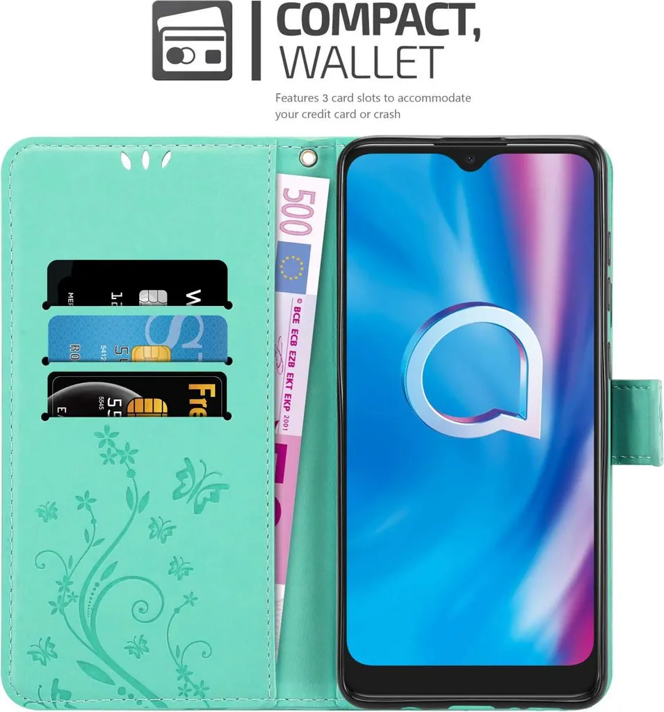 Cadorabo cover per Alcatel 1S 2020 in TURCHESE FLOREALE Cover protettiva in design floreale con chiusura magnetica, funzione stand e slot per carte di credito Flip Case Flower Cover Etui Handy Klapp Hülle Book Tasche - 2